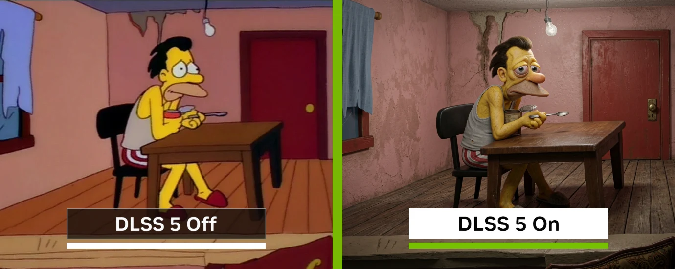 DLSS 5 Off vs On example showing a simple uploaded image on the left and a hyper-real DLSS 5 ON version on the right
