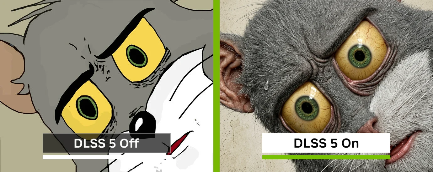 DLSS 5 Off vs On meme example showing the OFF image next to the enhanced ON image