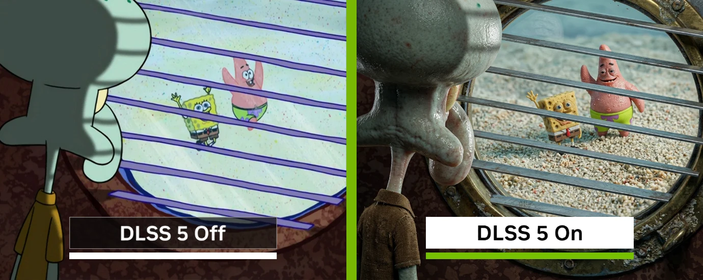 DLSS 5 Off vs On example showing the original image on the left and a hyper-real DLSS 5 ON version on the right