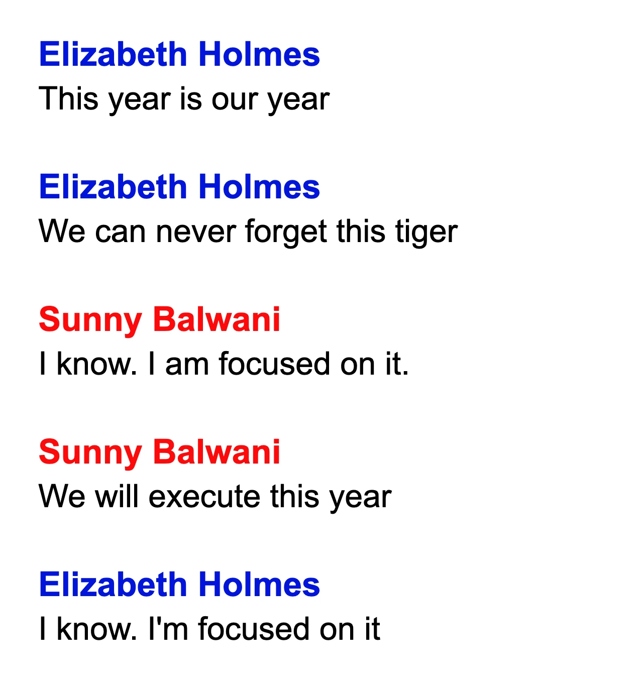 Legal Text Conversation Generator Theranos Elizabeth Holmes and Sunny Balwani example
