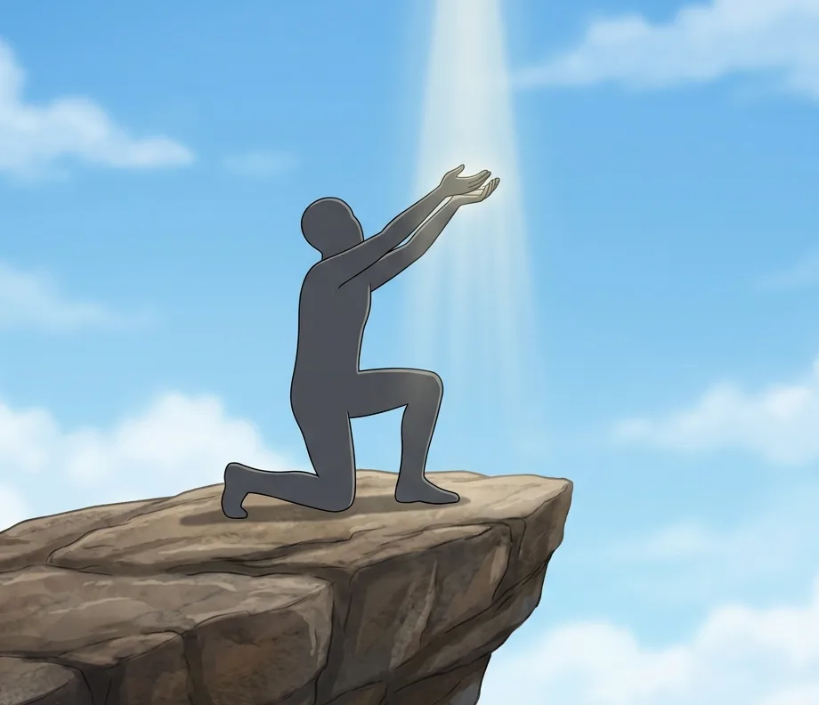 Simba presentation placeholder showing a kneeling presenter with empty hands under a beam of light